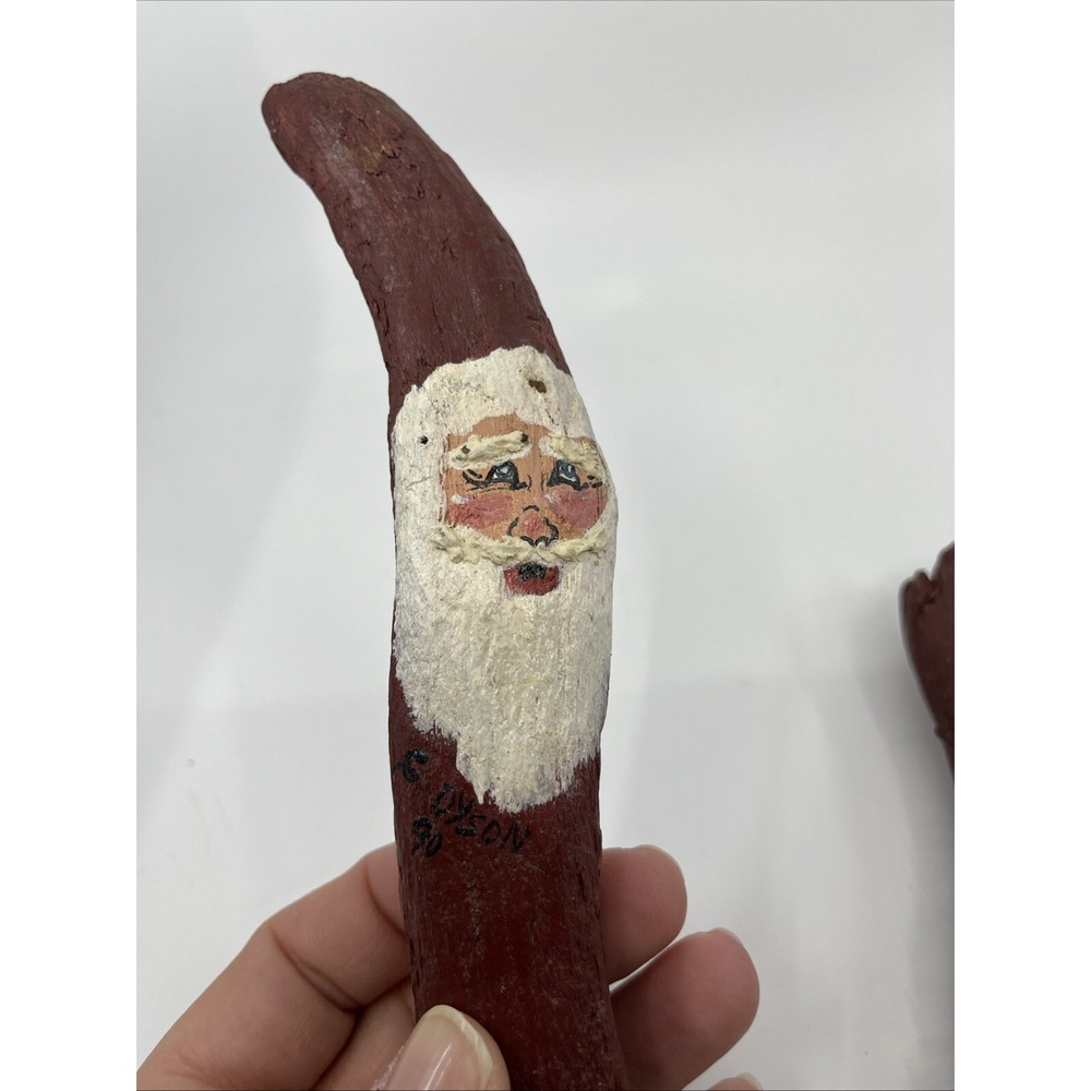 3 Hand Painted Santa Claus on bark Artist Signed C. Dyson 1990s Red Folk Art - Picture 2 of 15